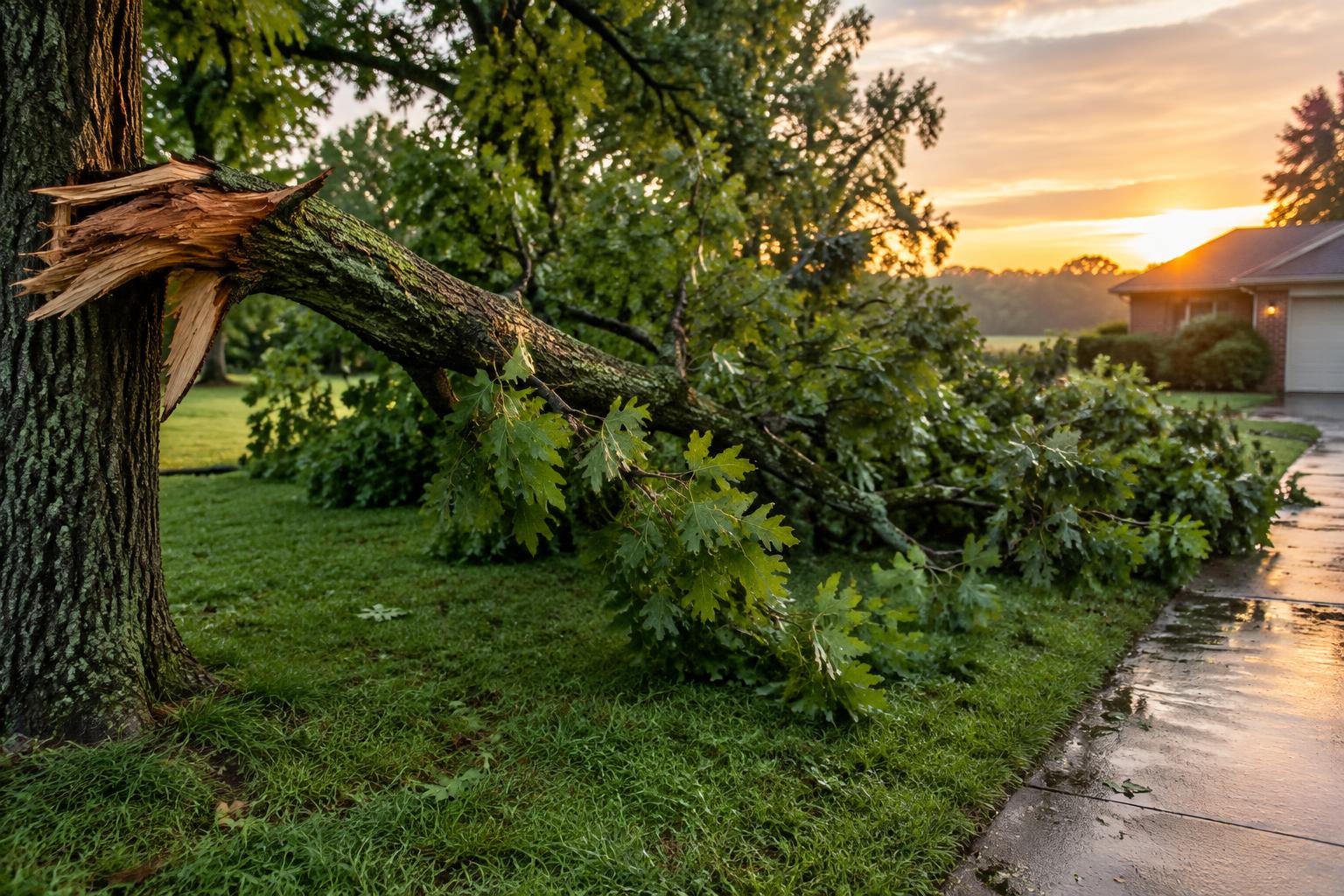Storm-broken tree limb beside a wet residential driveway at dawn
