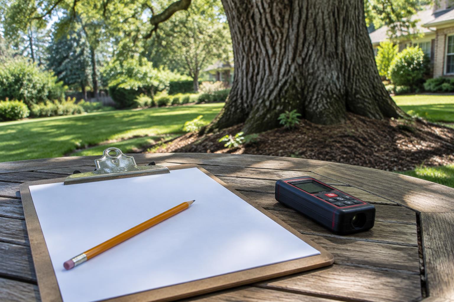 Clipboard, pencil and measuring tool ready for a tree service estimate