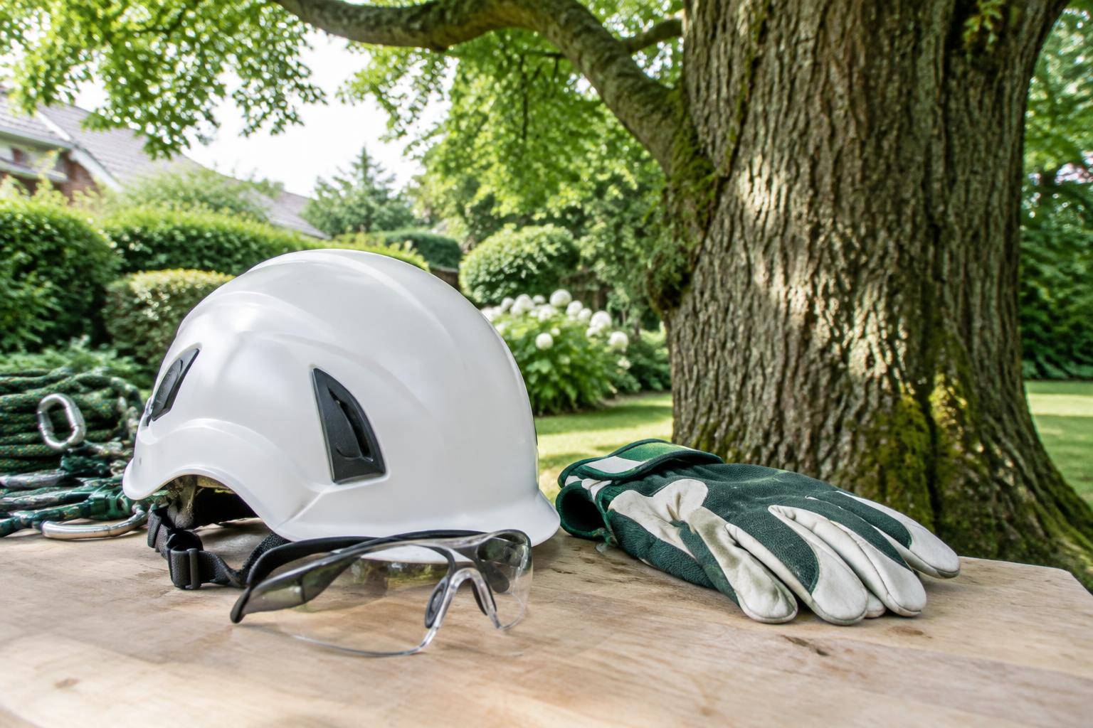 Arborist helmet, protective glasses and work gloves beside an oak tree